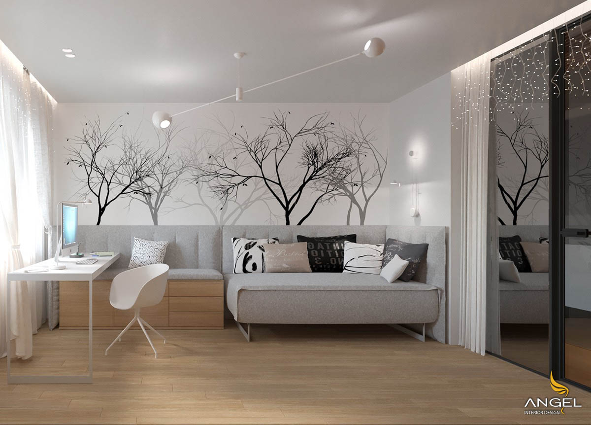 Thiết kế nội thất phòng ngủ 25m2 với sàn gỗ cùng tông màu sáng